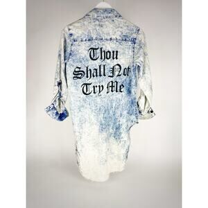 Thrill Jeans Distressed Bleached Denim Shirt Dress Thou Shall Not Try Me Size S